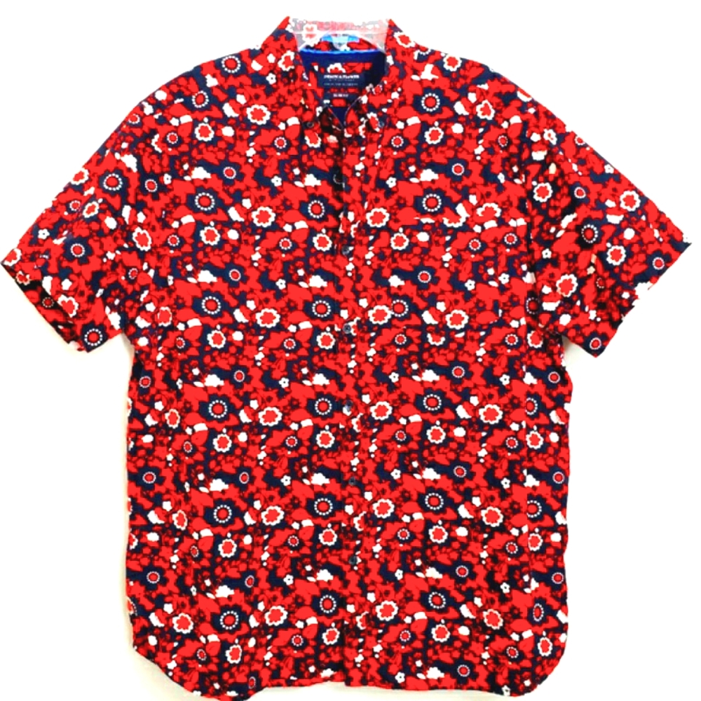 Denim & Flower Red White Blue Floral Shortsleeve Button Down Shirt